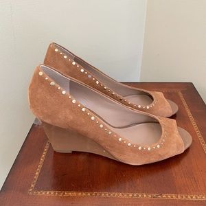 Cognac Suede Peep toe Studded Wedge Pump
